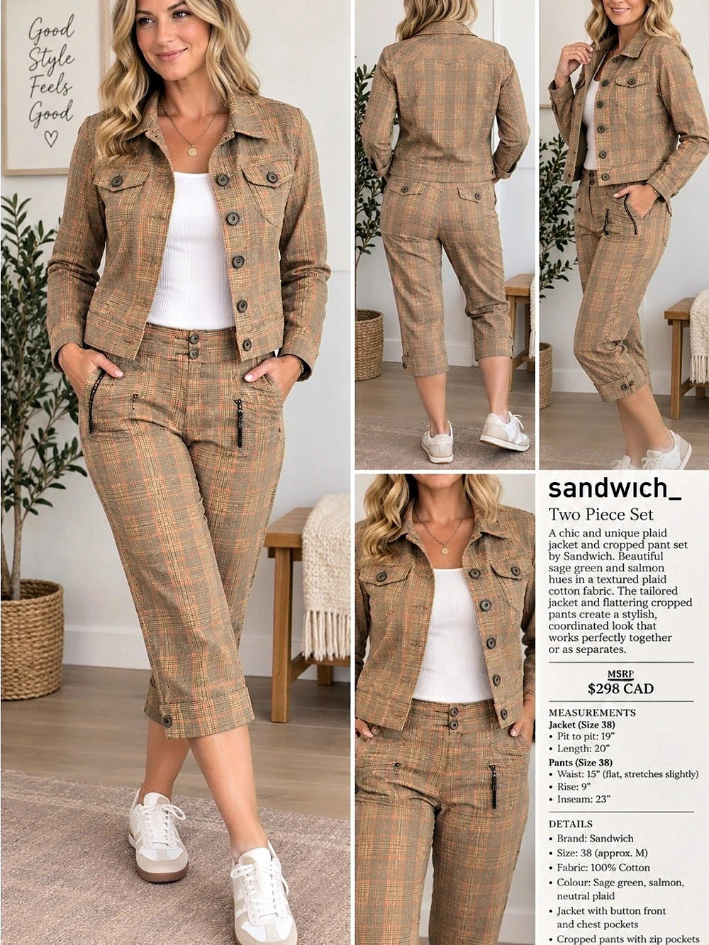 19” ptp 15.5” w sandwich _ Two Piece Set Plaid Cotton Brown & Orange Medium